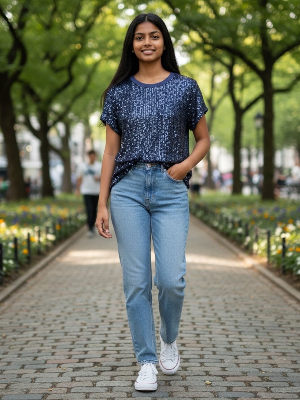 Elliott Lauren Navy Sequin Short-Sleeve Blouse